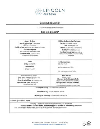 fee sheet at Lincoln Old Town, Alexandria Virginia